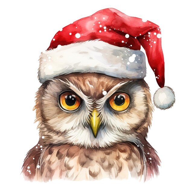 Le Hibou Portant Le Chapeau Du Père Noël Pour L'événement De Noël Aquarelle Style Ai Généré