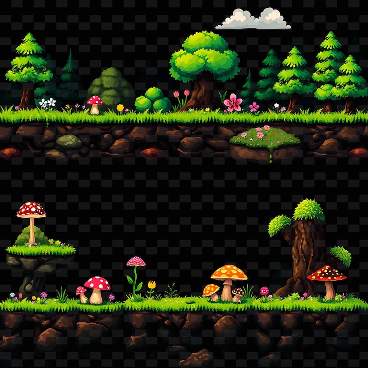 PSD la hierba de píxeles, las flores, los hongos, los árboles, la hierba exuberante con variados tonos, las flores coloridas hacen el activo del juego.