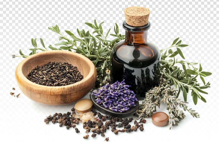 PSD hierbas antiinflamatorias naturales en un fondo blanco