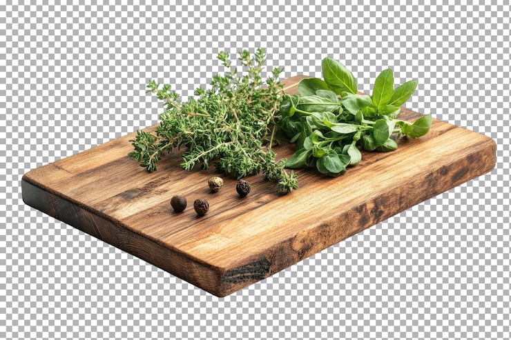 PSD hierbas y especias frescas dispuestas en tabla de corte de madera para preparación culinaria