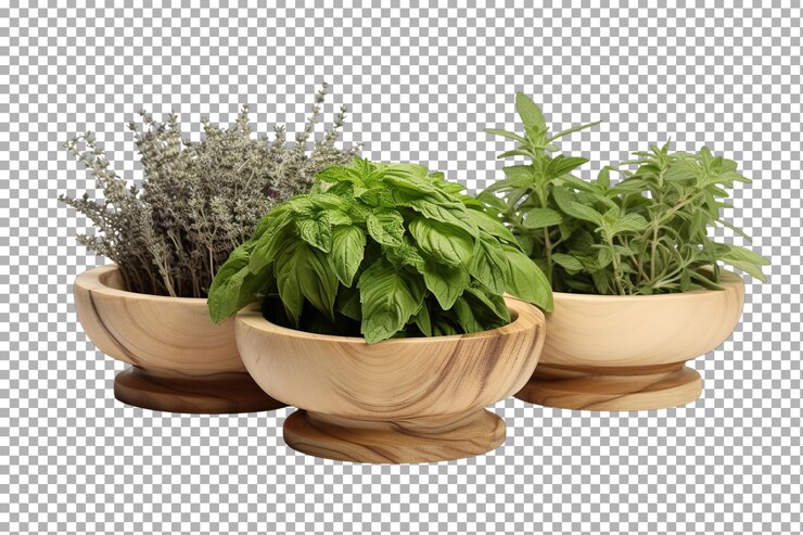 PSD hierbas frescas en cuencos de madera dispuestos elegantemente mostrando albahaca, orégano y lavanda para uso culinario en una superficie blanca o clara png fondo transparente