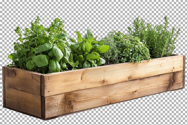 PSD hierbas frescas que crecen en una caja de plantación de madera en un jardín doméstico durante el día