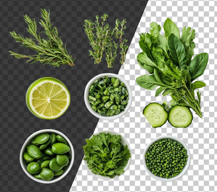 PSD hierbas y verduras frescas dispuestas con rebanadas de lima cortadas png