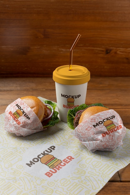 high angle burgers and soda arrangement
