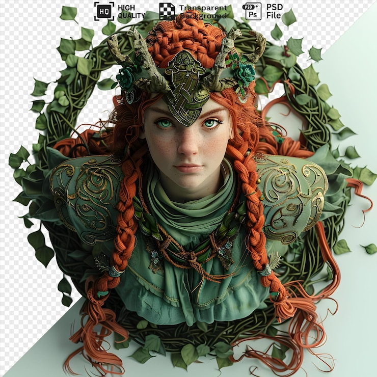 PSD high-quality transparent psd einer fantasy-waldpriesterin mit antler-kronenflechten und smaragdgr