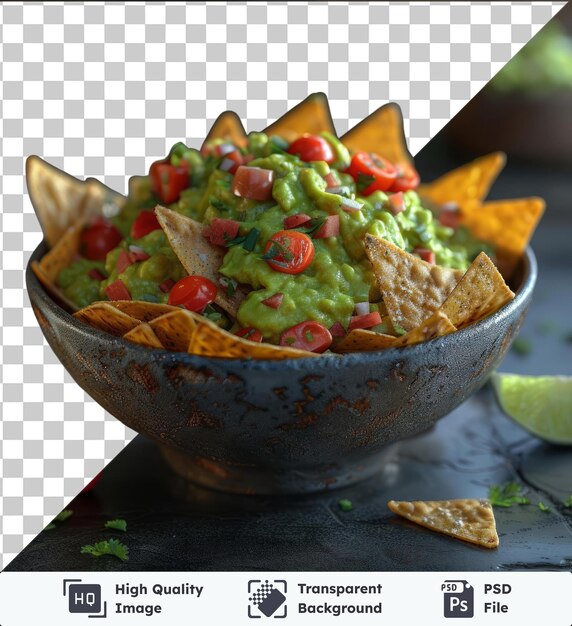 PSD high quality transparent psd mockup of a bowl with guacamole and nachos accompanied by a red tomato and a brown chip placed on a black table