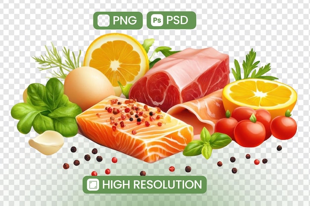 High-Resolution-Bilder von Lachs, Schweinefleisch und Eiern mit Kräutern und Gewürzen Ein kulinarisches Stillleben mit lebendigen Farben und frischen Zutaten für köstliche Rezepte und Food-Fotografie-Projekte