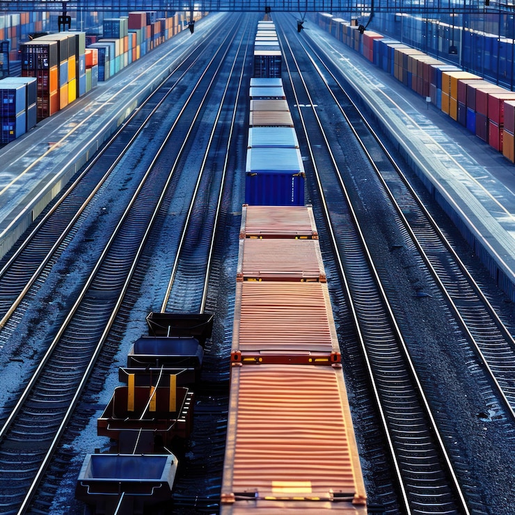 PSD highangle view of cargo containers on train tracks at a depot