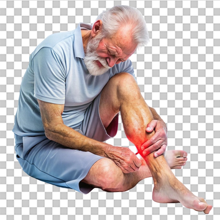 Highlighted leg joint pain of an old man isolated on white background
