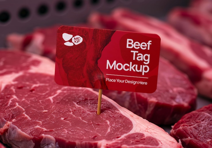 PSD highquality beef tag mockup red meat butcher shop steakhouse branding design template (template di progettazione di marchi di carne di manzo di alta qualità)
