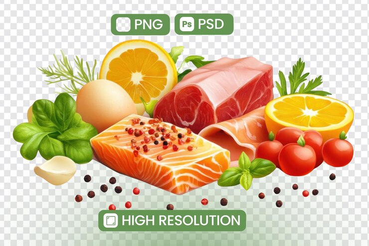 PSD highresolution images of salmon pork and eggs with herbs and spices a culinary still life featuring vibrant colors and fresh ingredients for delicious recipes and food photography projects
