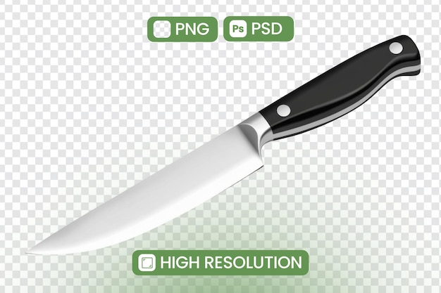 HighResolution PNG et PSD Mockup Un couteau de chef élégant avec un poignée noir Parfait pour les conceptions culinaires et les projets numériques Idéal pour les ressources graphiques et les sites Web culinaires Télécharger maintenant gratuitement