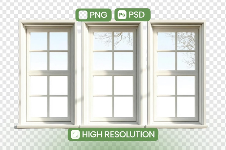 PSD highresolution triple window png psd mockup a luz solar ilumina as janelas oferecendo uma visão tranquila perfeita para projetos de design, visualizações arquitetônicas e inspiração de decoração doméstica