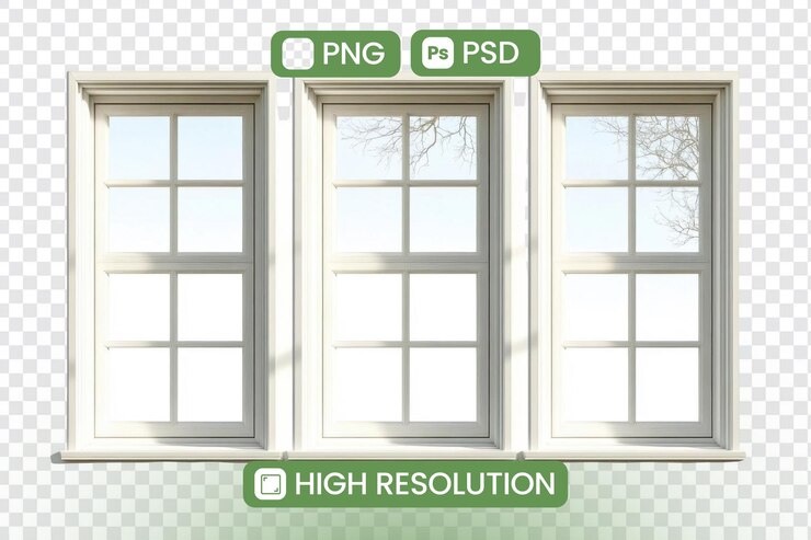 PSD highresolution triple window png psd mockup a luz solar ilumina as janelas oferecendo uma visão tranquila perfeita para projetos de design, visualizações arquitetônicas e inspiração de decoração doméstica