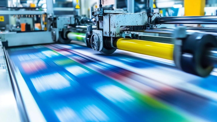 PSD highspeed printing press in action showing colorful printed sheets moving along rollers