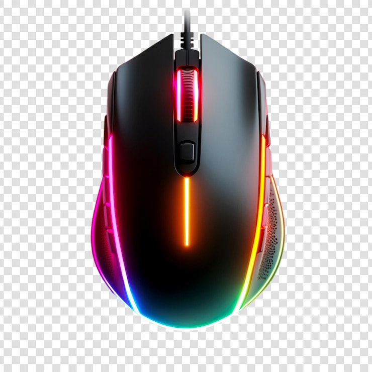 PSD hightech gaming mouse with vibrant rgb lighting on a transparent background