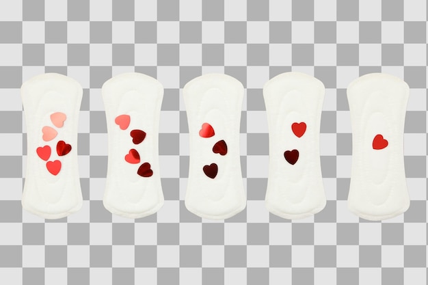 Higiene femenina y menstruación Almohadillas coloridas con patrón de corazón para higiene femenina aisladas en PNG blanco