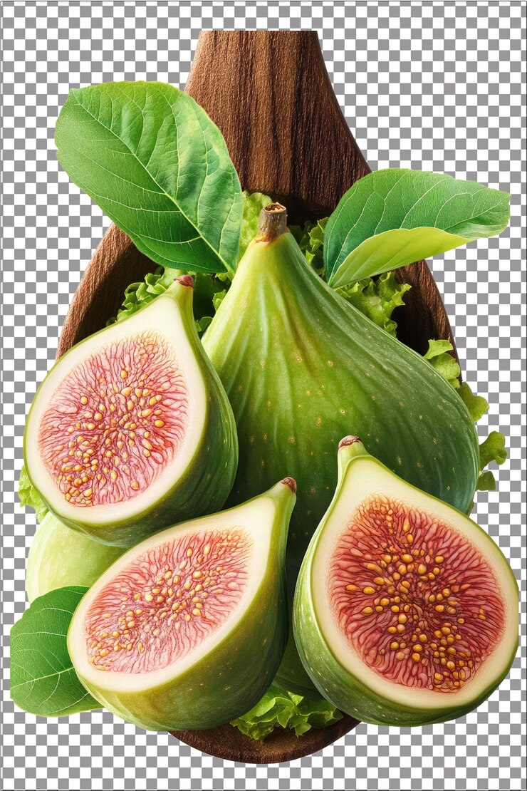 Los higos verdes con hojas, frutas frescas maduras, hiperrealistas, llanura blanca aislada, fondo transparente.