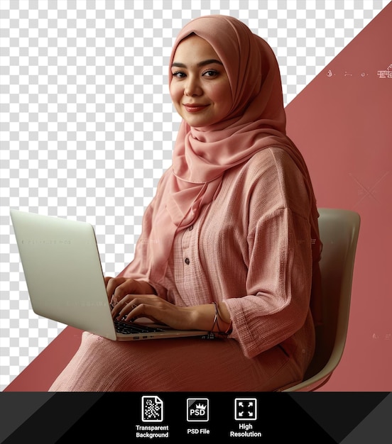Un Hijab Asiatique Heureux Unique Assis Sur Une Chaise Avec Son Ordinateur Portable