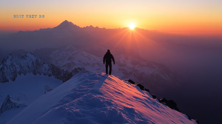 PSD hiker silhouetted on snowy mountain peak at sunrise overlooking majestic mountain range