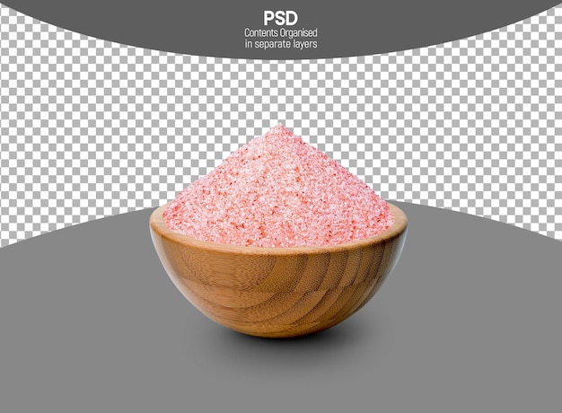 Himalayan pink Salt in wooden bowl isolated on Transparent background