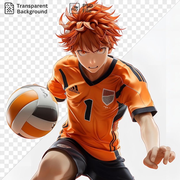 PSD hinata shoyo de haikyuu con una camisa naranja y pantalones cortos negros con cabello naranje y una cara blanca sostiene una pelota en su mano mientras lleva un