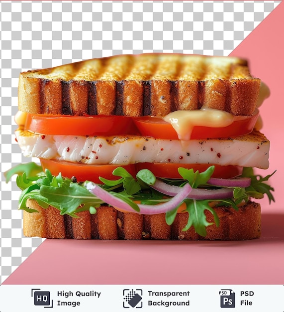 PSD hintergrund durchsichtiger psd-sandwichmacher ein farbenfrohes sortiment von sandwiches, einschließlich geschnittener und ganzer roter tomaten, angezeigt gegen eine rosa wand mit einem dunklen schatten im vordergrund