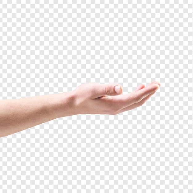 Hintergrund: Hand einer Frau mit einer unsichtbaren Geste auf einem durchsichtigen Hintergrund