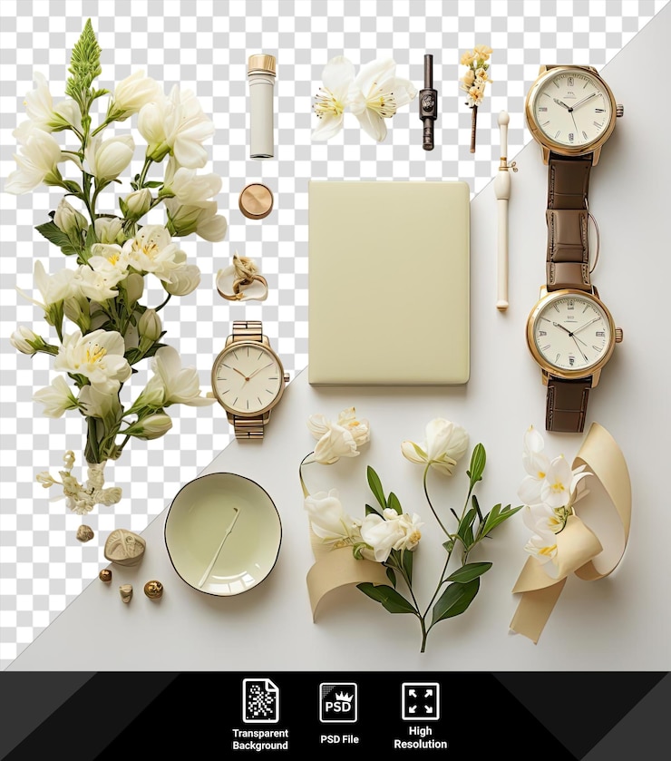 PSD hintergrund osterdatum set eine sammlung von uhren, darunter eine weiße uhr eine kleine uhr und eine braune uhr, die auf einer weißen wand mit einer weißen blume im vordergrund angeordnet sind