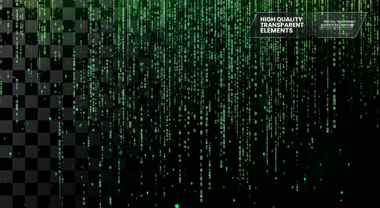PSD hintergrund von grünem digitalem code, der auf durchsichtigem hintergrund herunterfließt