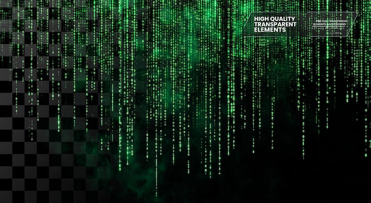 PSD hintergrund von grünem digitalem code, der auf durchsichtigem hintergrund herunterfließt