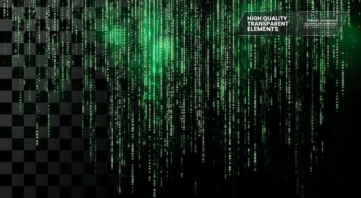 PSD hintergrund von grünem digitalem code, der auf durchsichtigem hintergrund herunterfließt
