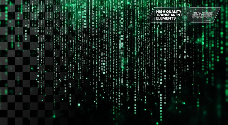 PSD hintergrund von grünem digitalem code, der auf durchsichtigem hintergrund herunterfließt