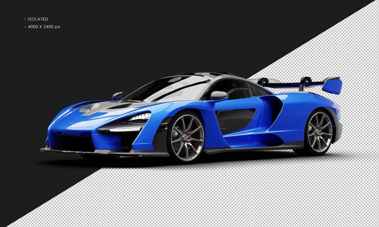 PSD hipercoche deportivo de motor medio limitado de color azul metálico realista aislado desde la vista delantera izquierda