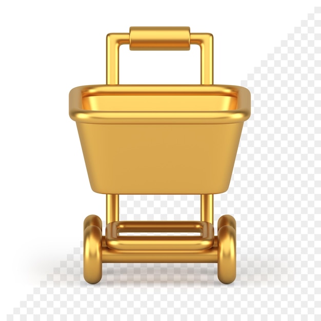 PSD hipermercado metálico dorado carrito de supermercado compras aplicación móvil icono 3d realista vista frontal