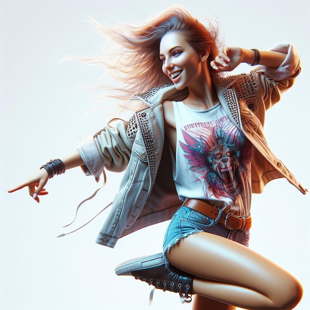 PSD hiperrealista arte vectorial joven de moda punk riendo chica bailando fondo blanco aislado