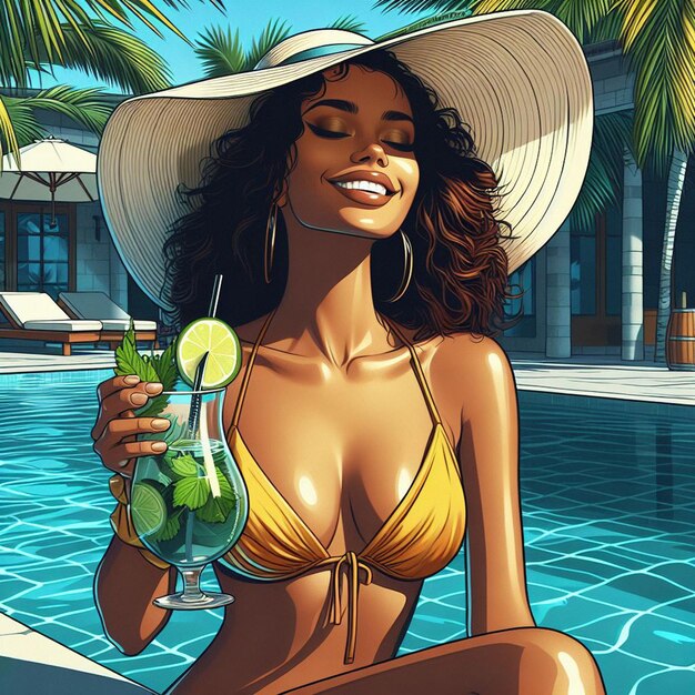 PSD hiperrealista arte vectorial moda de moda al lado de la piscina disfrutar de mojito cóctel fresco mujer craibbean dama