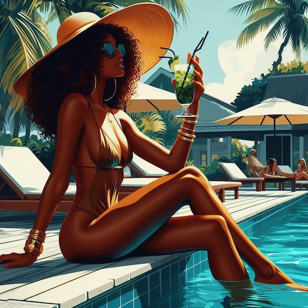 PSD hiperrealista arte vectorial moda de moda al lado de la piscina disfrutar de mojito cóctel fresco mujer craibbean dama