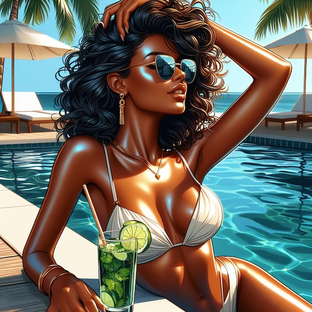 PSD hiperrealista arte vectorial moda de moda al lado de la piscina disfrutar de mojito cóctel fresco mujer craibbean dama