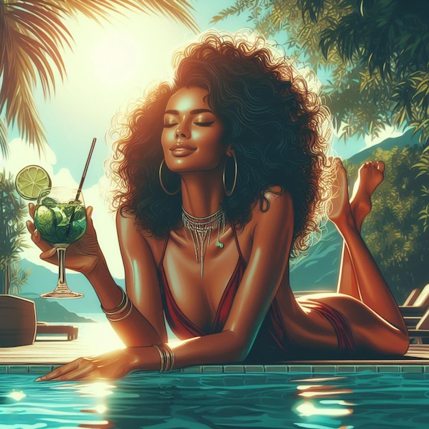 Hiperrealista arte vectorial moda de moda al lado de la piscina disfrutar de mojito cóctel fresco mujer craibbean dama