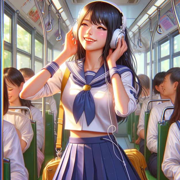 PSD hiperrealista fotorealista mujer japonesa asiática escuchando música y bailando en el cartel del autobús