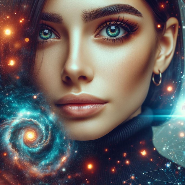 PSD hiperrealista iris femenina ojo macro cara piel colorida brillante brillante ilustración