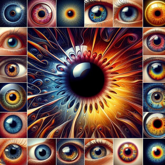 Hiperrealista iris femenina ojo macro cara piel colorida brillante brillante ilustración