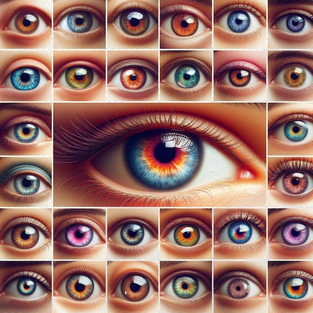PSD hiperrealista iris feminina olho macro cara pele colorida brilhante ilustração brilhante