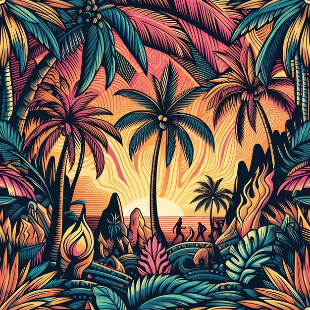 Hiperrealista tropical exótico colorido árbol de coco de palma patrón de playa de fondo transparente