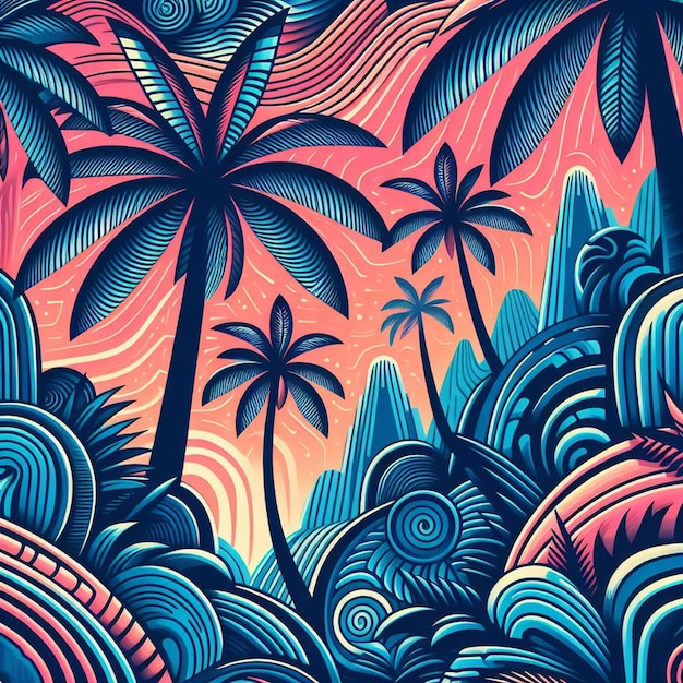 PSD hiperrealista tropical exótico colorido árbol de coco de palma patrón de playa de fondo transparente