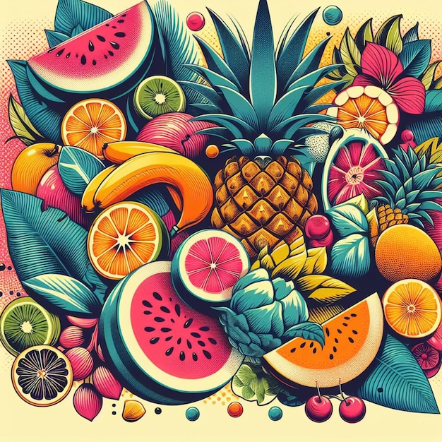 Hiperrealista tropical exótico frescas frutas coloridas frutas padrão de comida fundo transparente pic
