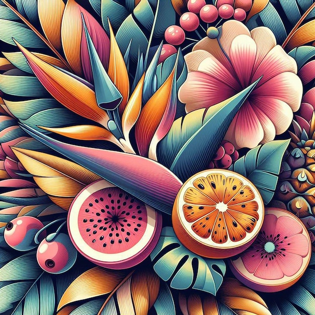 PSD hiperrealista tropical exótico frescas frutas coloridas frutas padrão de comida fundo transparente pic