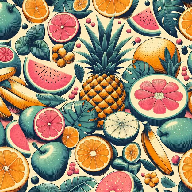 Hiperrealista tropical exótico frescas frutas coloridas frutas padrão de comida fundo transparente pic