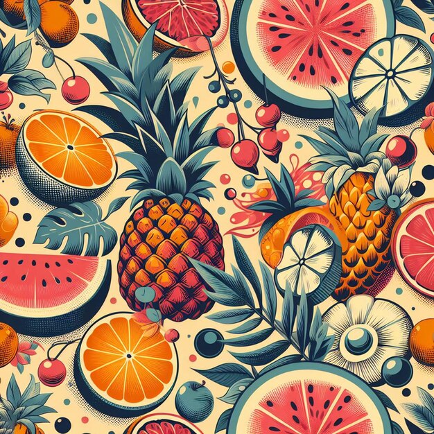 PSD hiperrealista tropical exótico frescas frutas coloridas frutas patrón de comida fondo transparente imagen